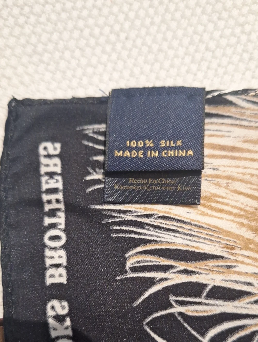 Brooks Brothers Peacock Feather Motif Silk Scarf in Black, Tan and Cream